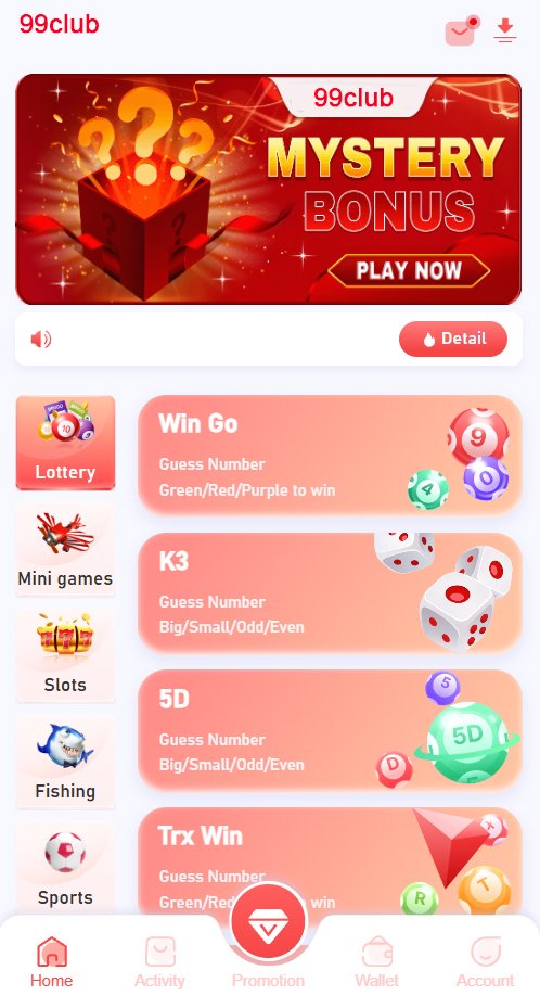 Select numbers and submit lottery tickets on 99club